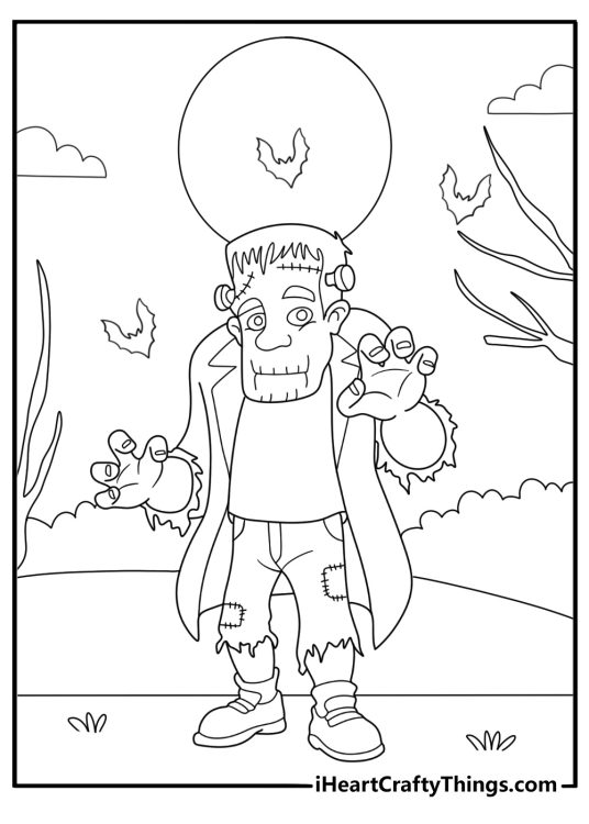 frankenstein monster with bats flying above printable coloring sheet