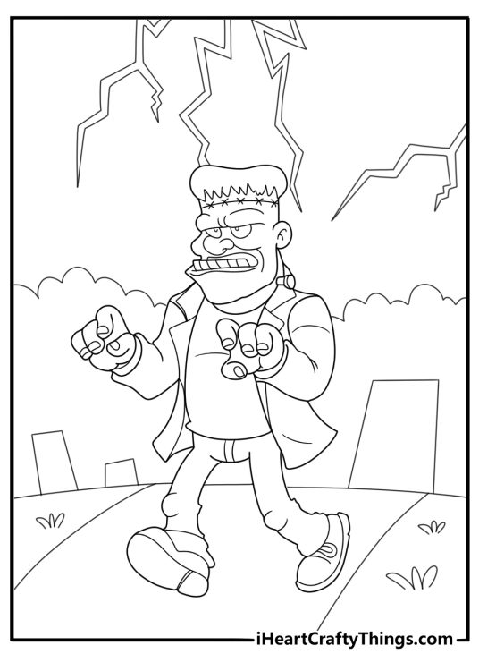 frankenstein monster with lightning bolts in background spooky coloring sheet