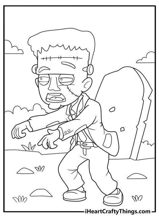 frankenstein standing near tombstones halloween night coloring page