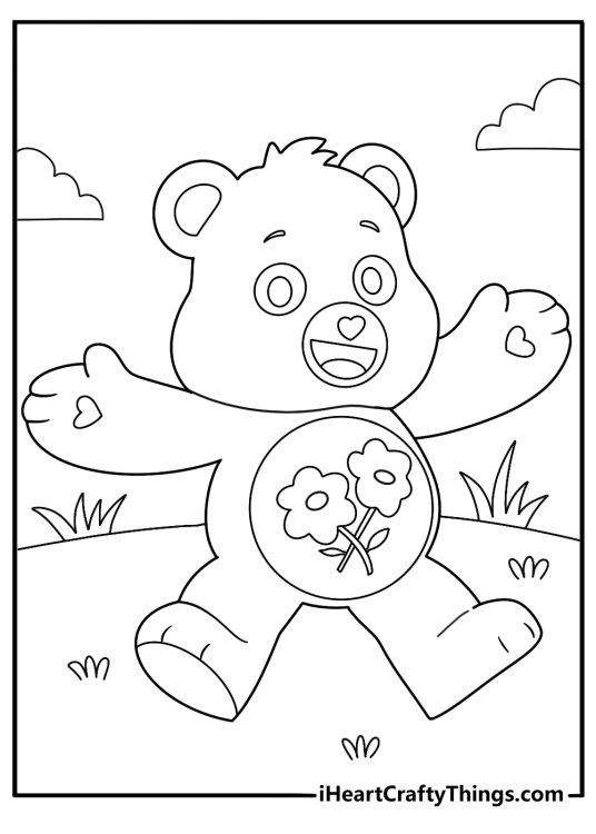 friend bear with flowers belly badge simple coloring sheet