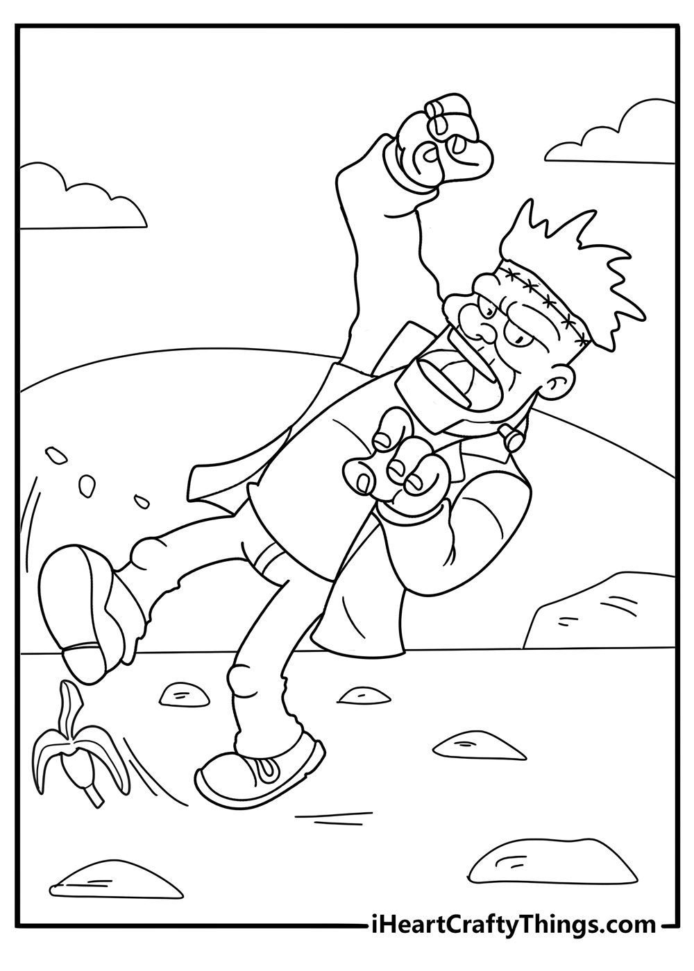 funny frankenstein slipping on a banana cartoon coloring sheet