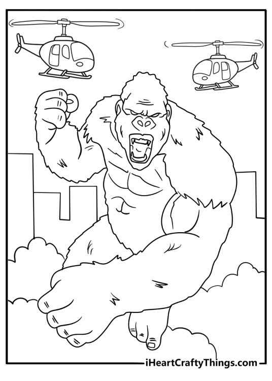 giant king kong roaring at helicopters printable coloring page