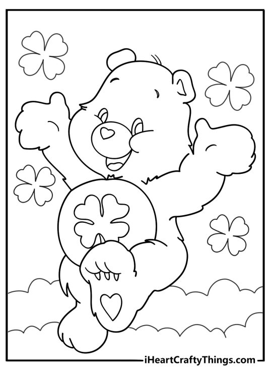good luck bear with clover belly badge cartoon coloring sheet
