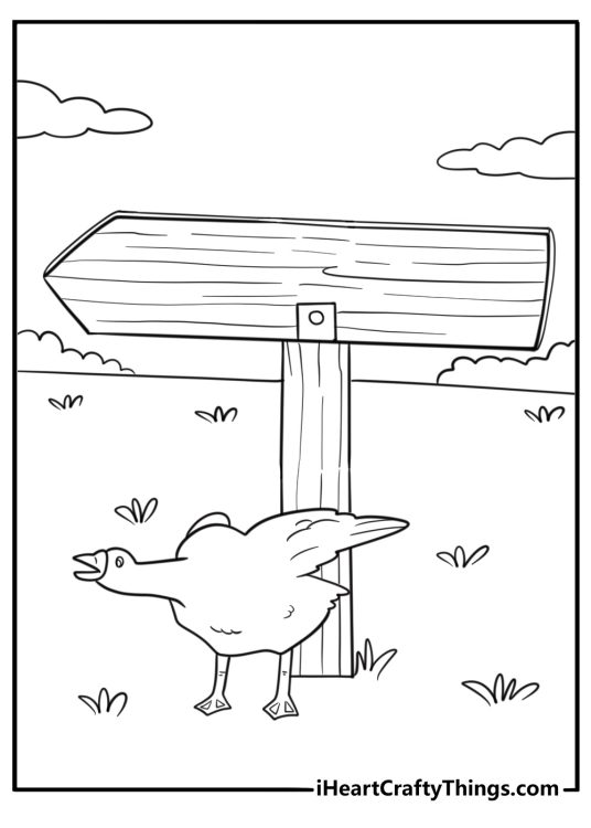 Goose beside a wooden sign on a trail simple coloring sheet
