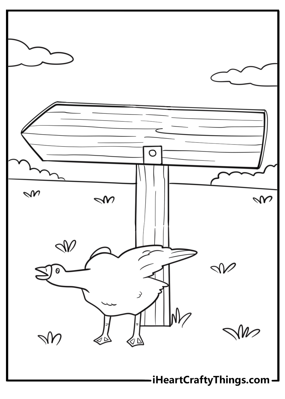 goose beside a wooden sign on a trail simple coloring sheet