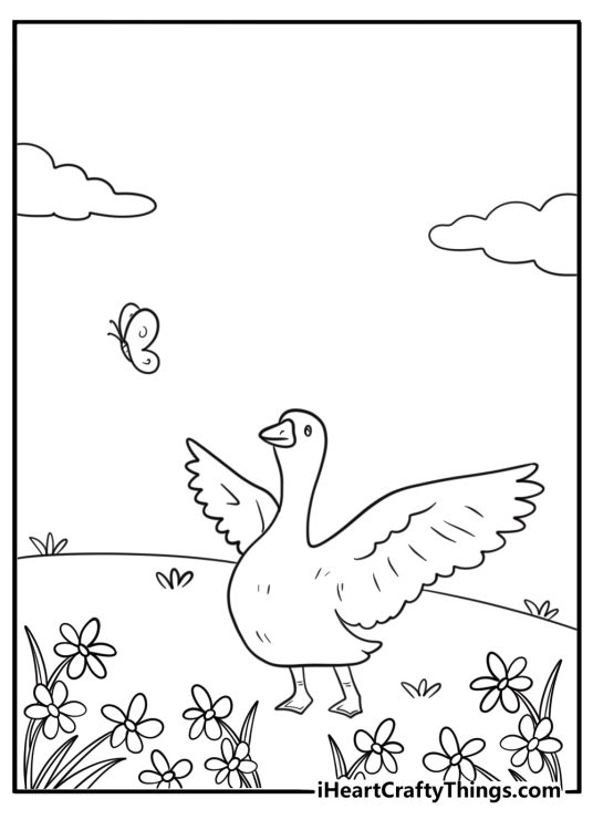 Goose chasing butterflies in a field cartoon coloring page