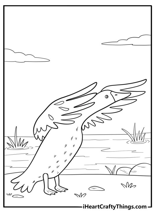 Goose flapping wings near water detailed coloring sheet