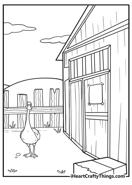 Goose in front of a barnyard scene simple coloring sheet