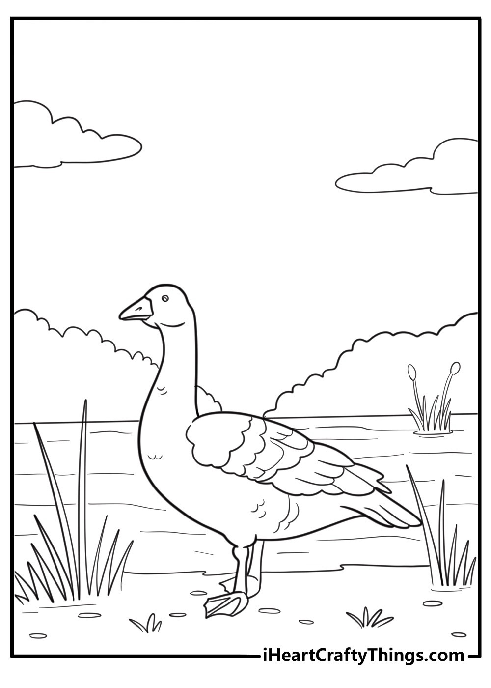 goose in tall grass near a lake nature themed coloring page