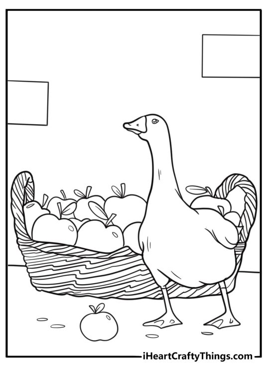 Goose next to a basket of apples harvest themed coloring sheet