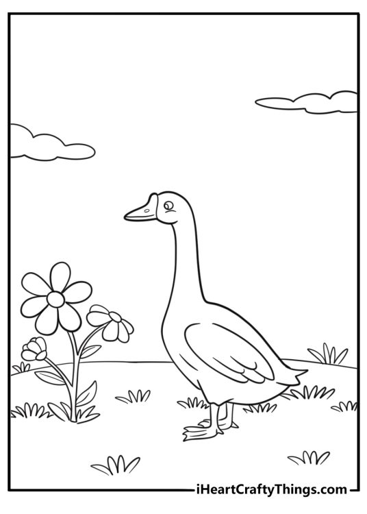 Goose pecking at flowers in a garden coloring page for kids