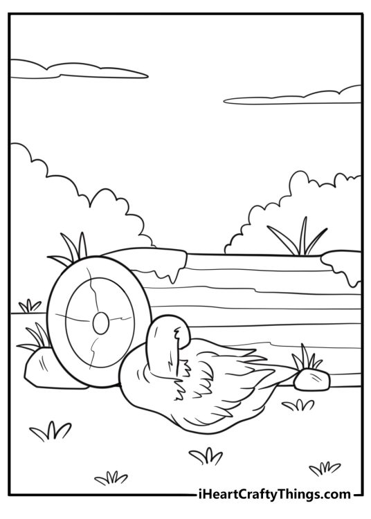 Goose sleeping near a log peaceful scene coloring page