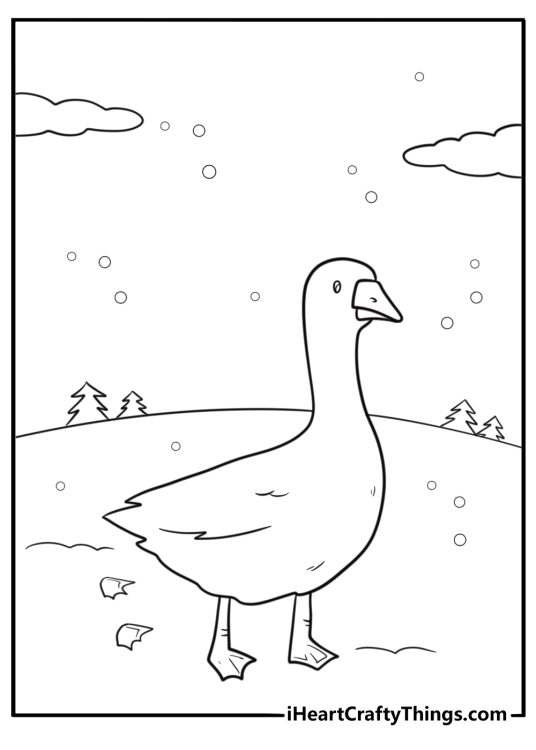 Goose walking in the snow winter scene coloring sheet