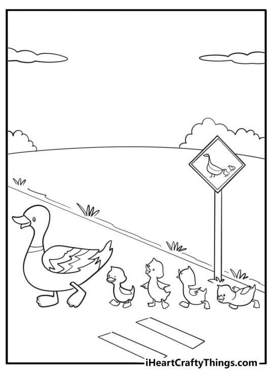 Goose with goslings crossing a road traffic sign nearby coloring page