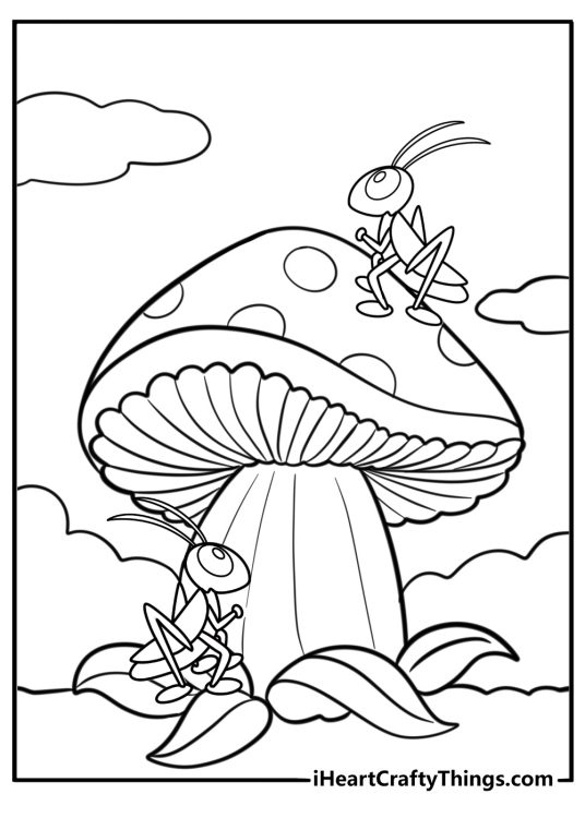 Grasshopper hiding under a mushroom woodland coloring sheet