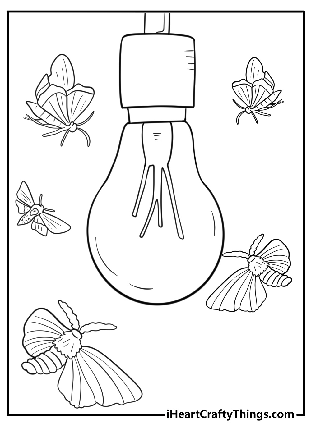 group of moths flying around light fun coloring sheet