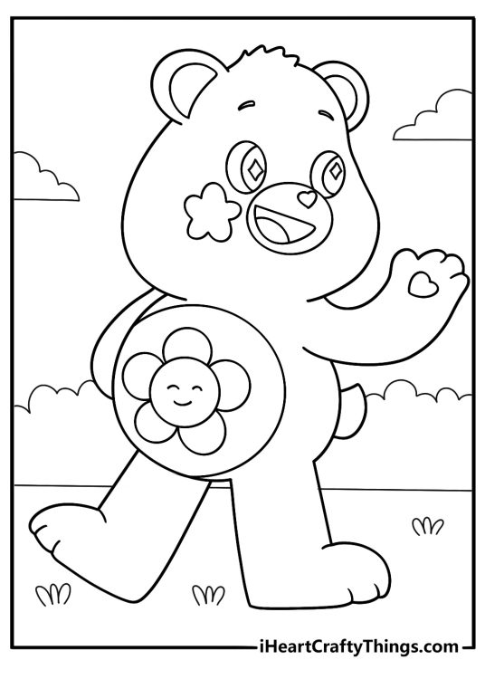 harmony bear with flower belly badge kawaii style coloring page