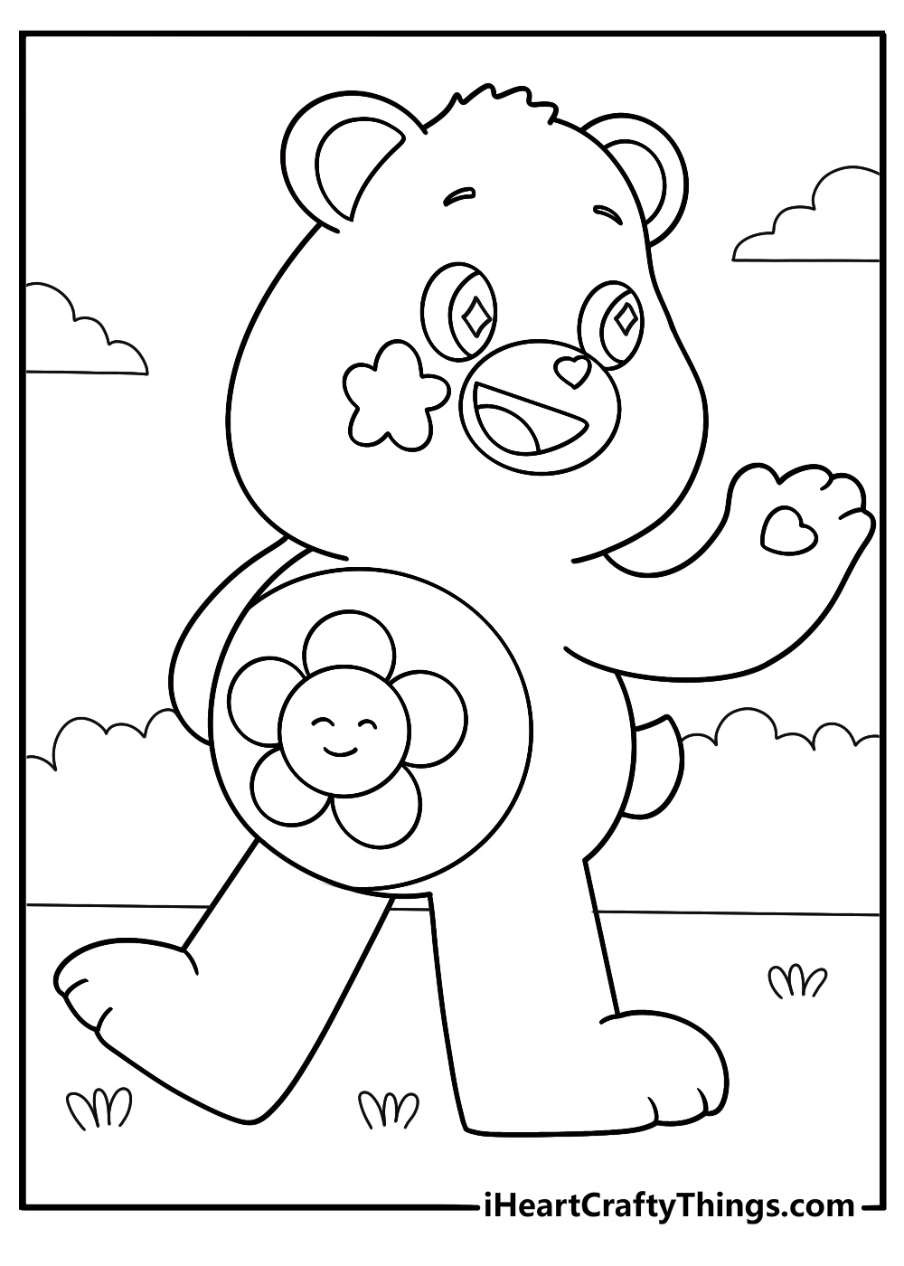harmony bear with flower belly badge kawaii style coloring page