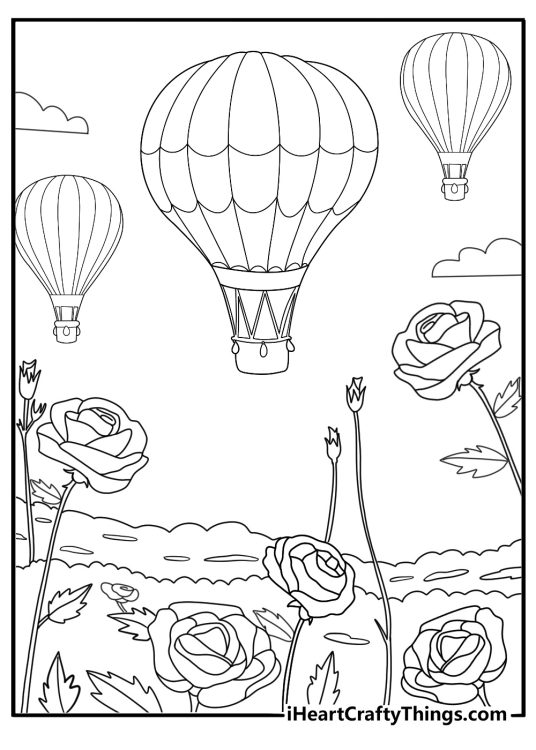 Hot air balloon above a field of flowers spring coloring sheet