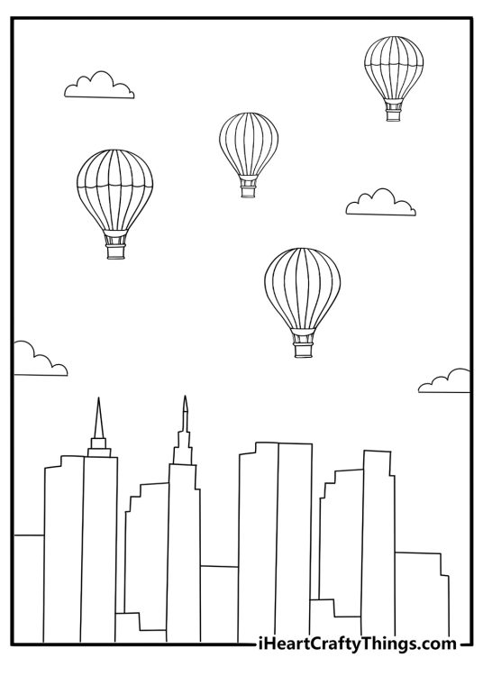 Hot air balloon drifting over city skyline urban coloring sheet