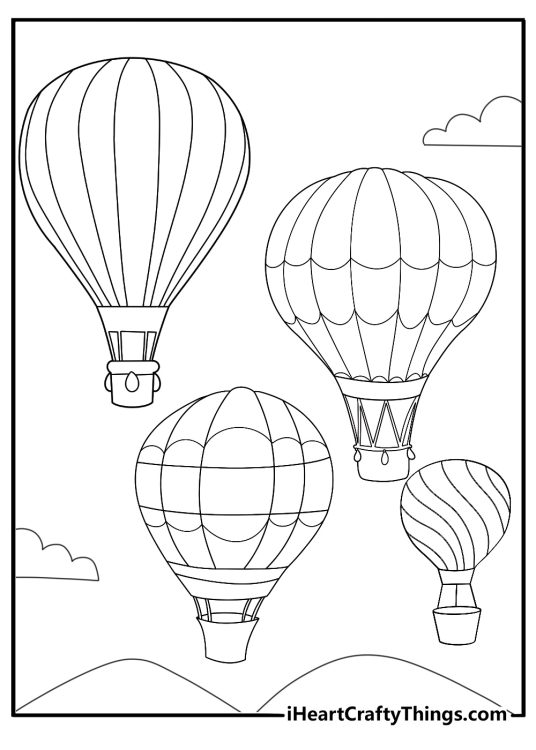 Hot air balloon festival with multiple balloons fun coloring page
