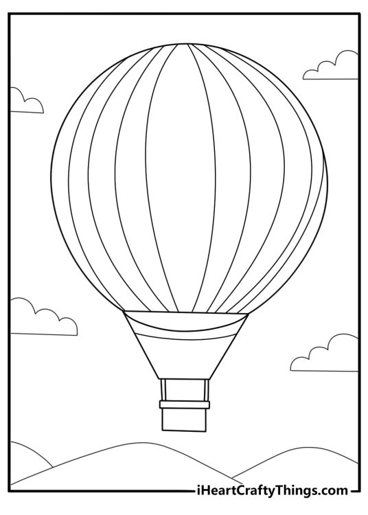 Hot air balloon floating above mountains simple coloring page