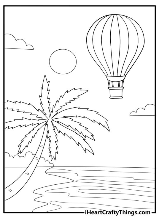Hot air balloon floating above the ocean coloring page for kids
