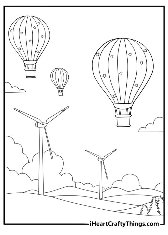 Hot air balloon floating near wind turbines eco theme coloring page