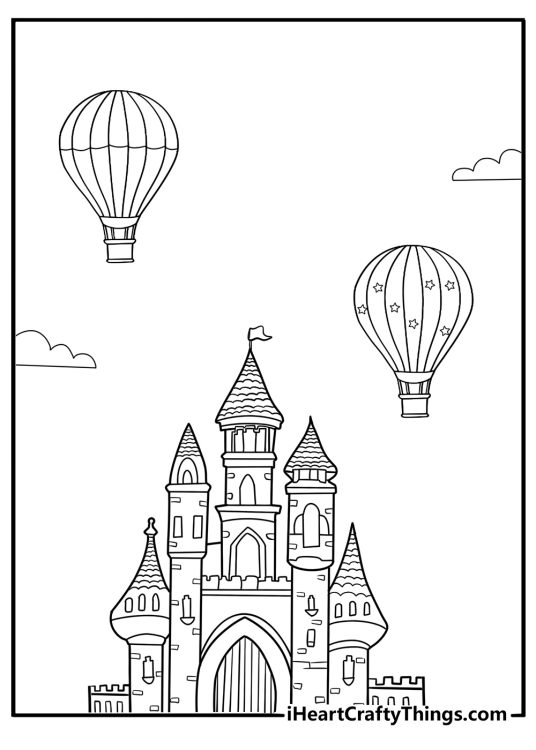 Hot air balloon floating past a castle fairytale coloring sheet