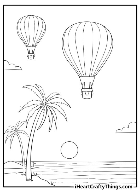 Hot air balloon flying during sunset scenic coloring page