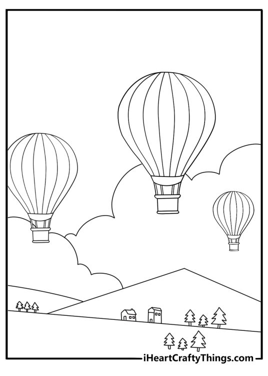 Hot air balloon flying over farmland peaceful coloring sheet