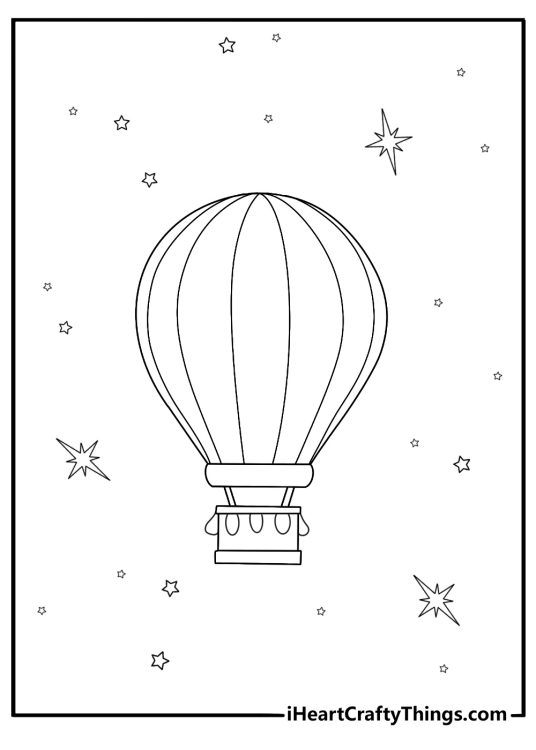 Hot air balloon in fantasy world with stars and sparkles coloring sheet