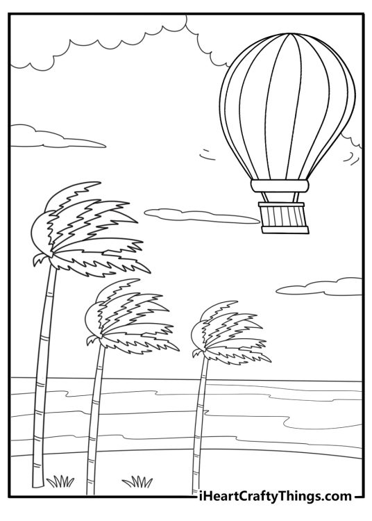 Hot air balloon in stormy weather dramatic coloring sheet