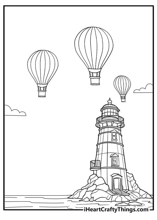 Hot air balloon next to a lighthouse coastal scene coloring page