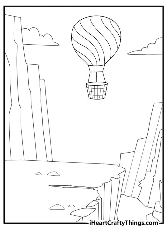Hot air balloon over a canyon landscape detailed coloring sheet