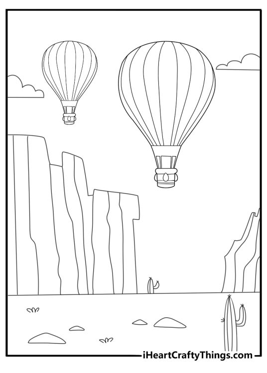 Hot air balloon over desert landscape simple coloring sheet