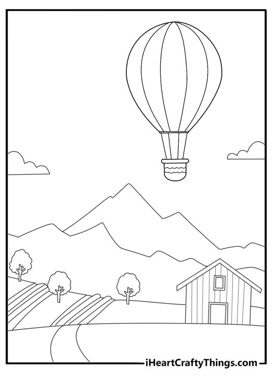 Hot air balloon over rolling hills relaxing coloring page