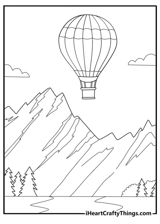 Hot air balloon over snowy mountains winter coloring page