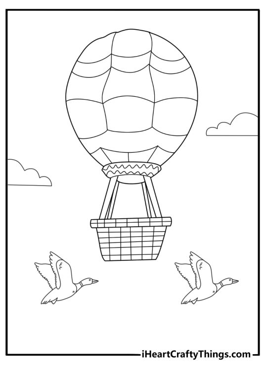 Hot air balloon passing birds in the sky nature coloring page