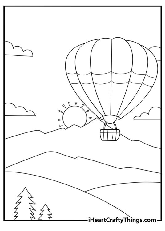 Hot air balloon rising into the sky sunrise coloring sheet