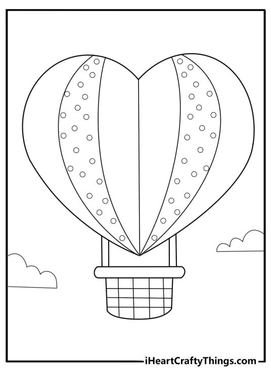 Hot air balloon shaped like a heart cartoon style coloring sheet