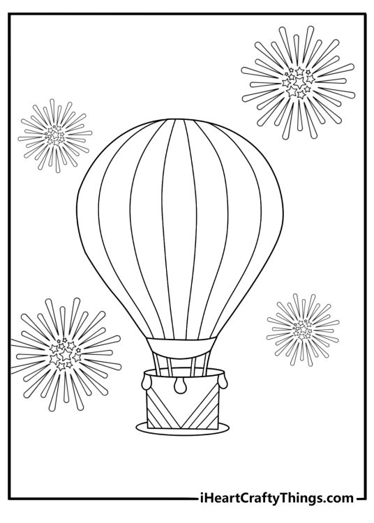 Hot air balloon surrounded by fireworks celebration theme coloring page