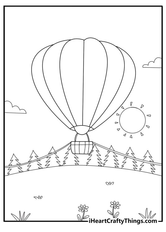 Hot air balloon tethered on the ground at sunrise coloring page