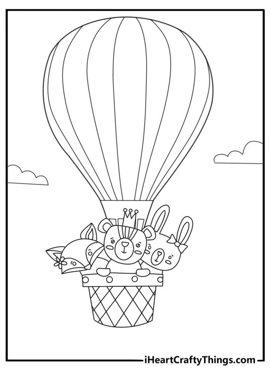 Hot air balloon with animals in the basket cute coloring page