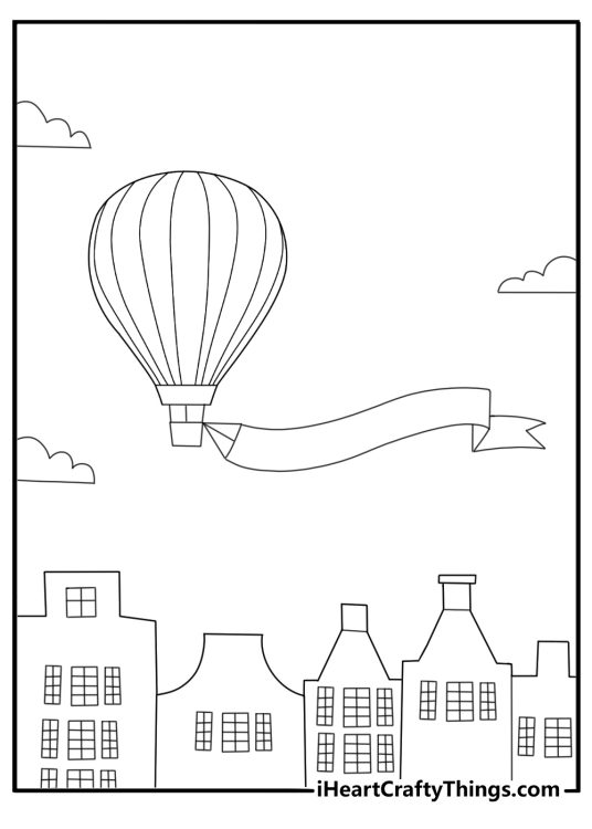 Hot air balloon with banners flying over village coloring sheet