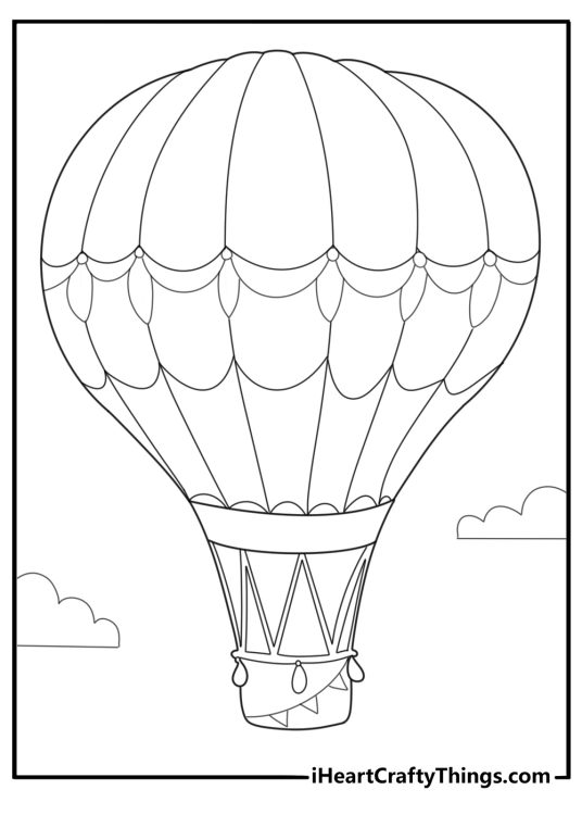 Hot air balloon with decorative ribbons easy coloring sheet for kids