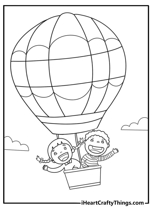 Hot air balloon with kids inside waving cartoon coloring page