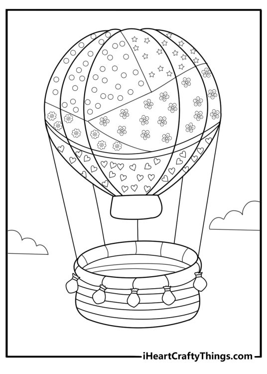 Hot air balloon with patchwork design detailed coloring sheet
