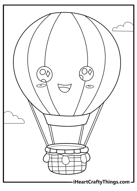 Hot air balloon with smiling faces kawaii coloring page