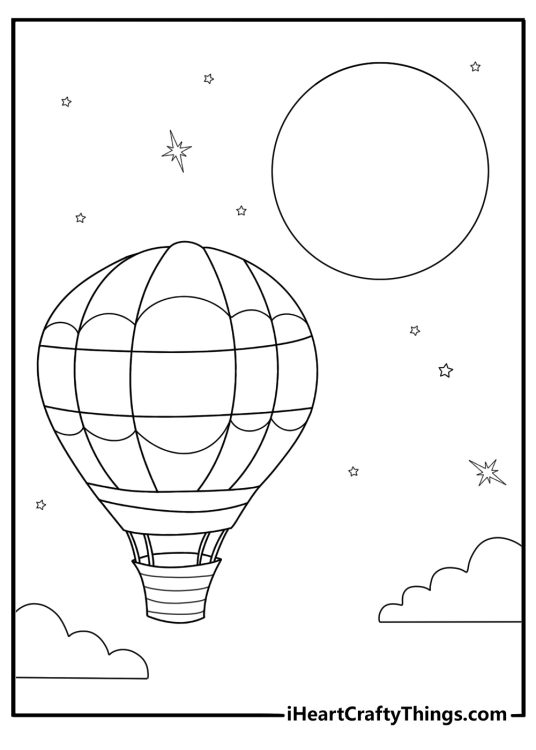 Hot air balloon with stars and moon night sky coloring sheet
